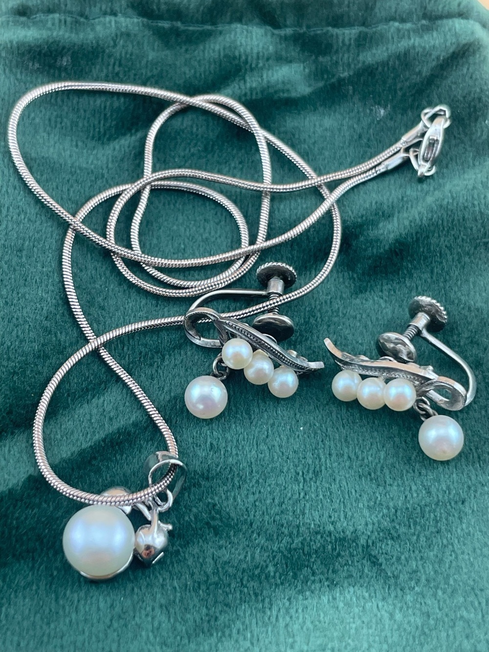 Vintage Japanese Sterling Pearl Set Screwback Earrings Pendant